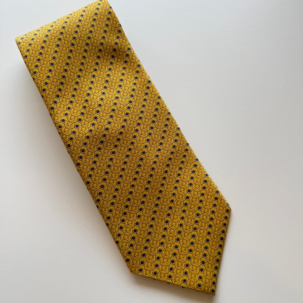 Louis Philippe Mens Silk Tie Gold Navy Blue Geometric Circle Pattern Classic